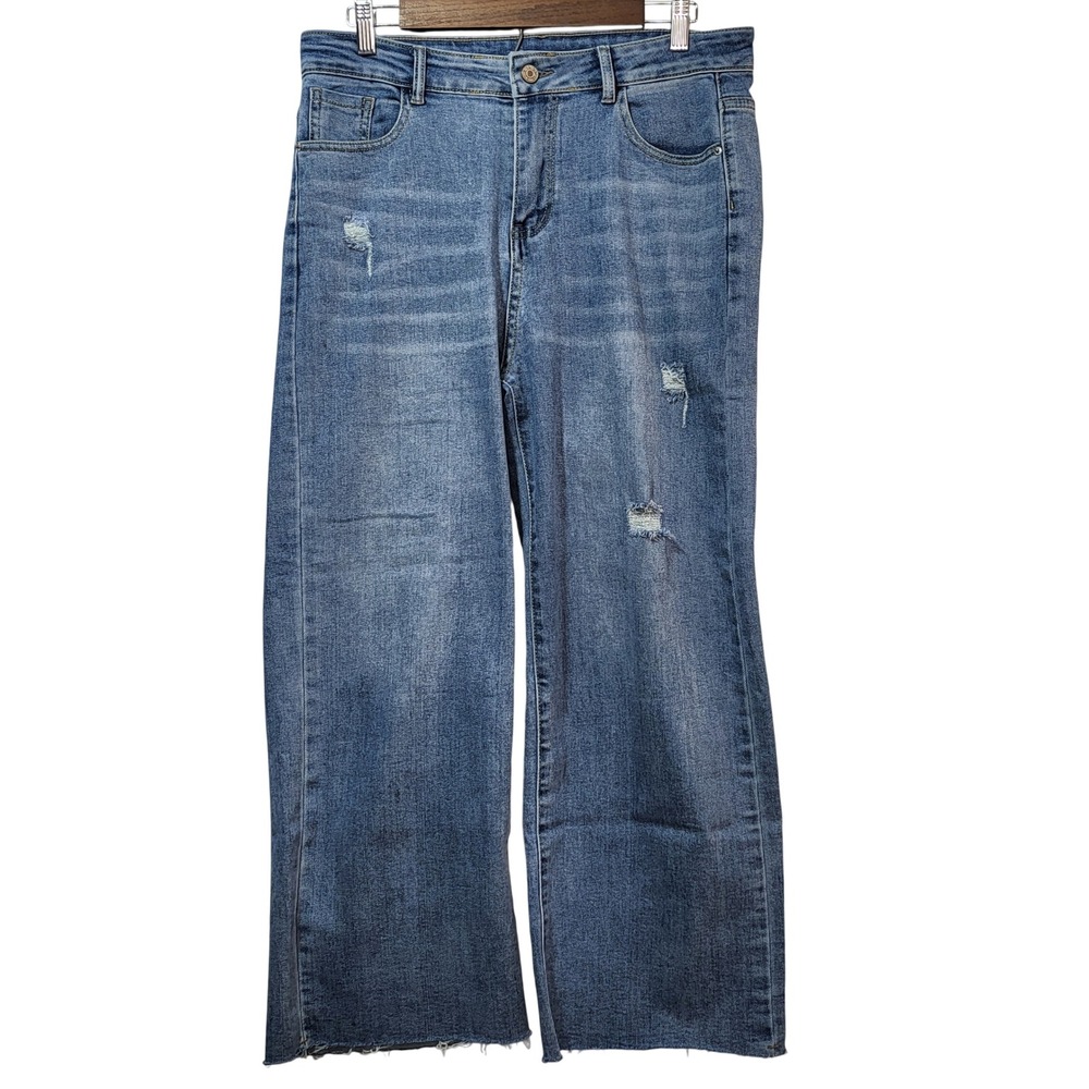 Fashion Denim Womens Wide Leg Distressed Jeans Blue Medium Wash Raw Hem Mid Rise